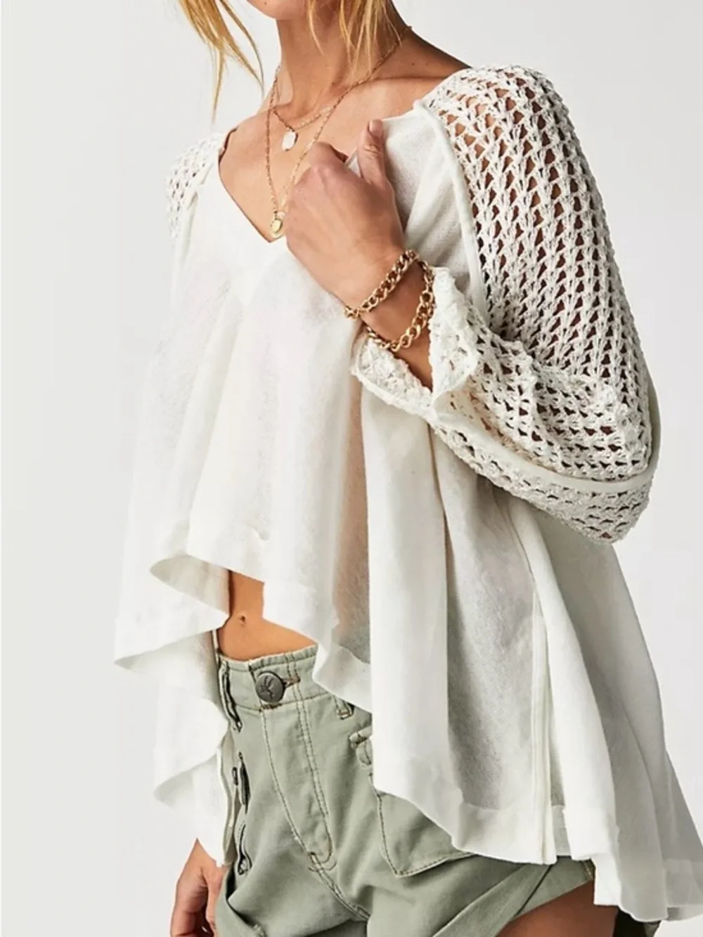 Free People Ivory Crochet-Sleeve Flowy V-Neck Tunic